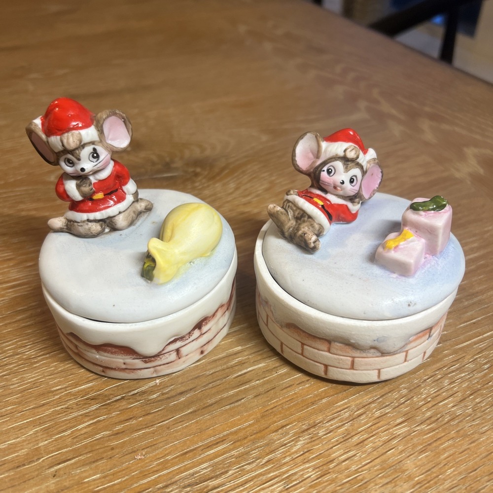 Homco Christmas Mice Trinket Boxes Lot Of 2 Santa Suit Vintage Chimney
